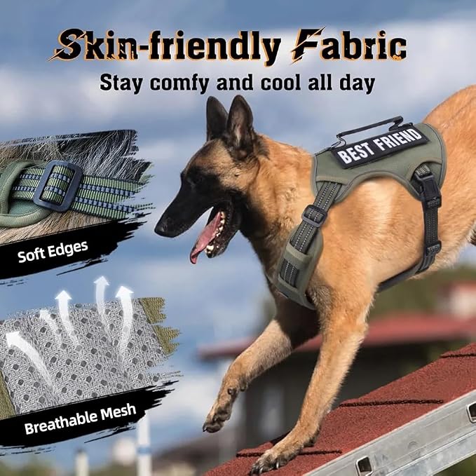 Tactical Dog Harness with Leash for Large Dogs, No Pull Adjustable Dog Harness, Reflective K9 Working Pet Vest for Walking, Training (Army Green, XL)