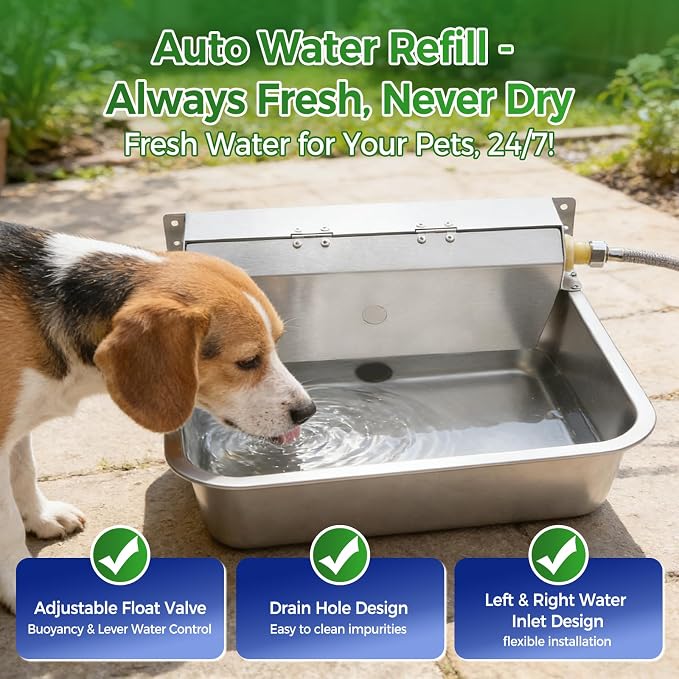 Automatic Dog Water Dispenser with Drain Hole, 304 Stainless Steel Auto Water Dog Bowl with Float Valve, Hose Quick Connect Fitting, Automatic Livestock Waterer for Horse, Chicken (4 Gallons)