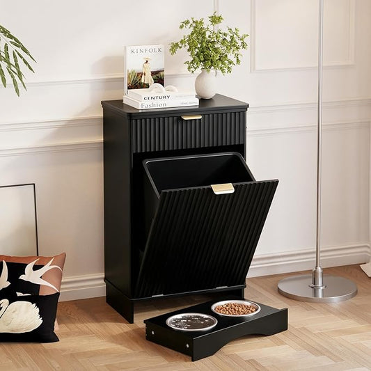 Tilt Out Trash Can Cabinet with Dog Bowl, 10 Gallons Dog Feeding Station with Storage Cabinet, Pet Feeder Cabinet with Hideaway Drawer for Kitchen, Living Room(Tilt-Out Dog Feeding Station-Black)