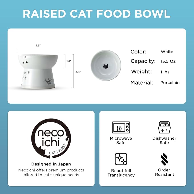 Necoichi Raised Cat Food Bowl – Ceramic Elevated Cat Bowl for Whisker & Neck Fatigue, Dishwasher Microwave Safe – Non-Slip & Anti Vomiting Ergonomic Design (Cats, Large Flat)