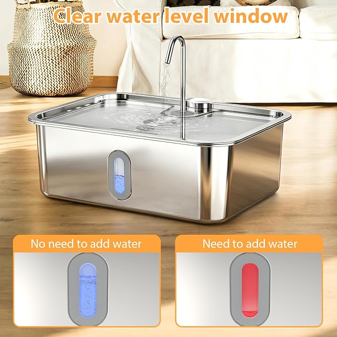 Dog Water Fountion for Large Dogs,15L/4 Gal Stainless Steel Automatic Pet Water Dispenser,Ultra Quiet Dog Fountain Water Bowl with Water Level Window & LED Light, Include 6Set Filter