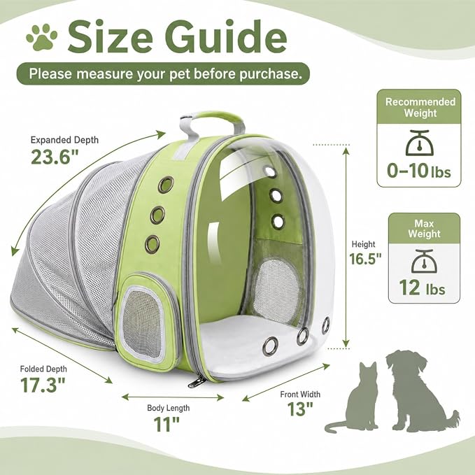 Expandable Cat Carrier Backpack for Cats & Dogs, Bubble Window Pet Travel Backpack with Breathable Mesh, Anti-Collapse Structure, Side Door, Safety Leash, for Vet Visits, Hiking, Outdoor, Light Green