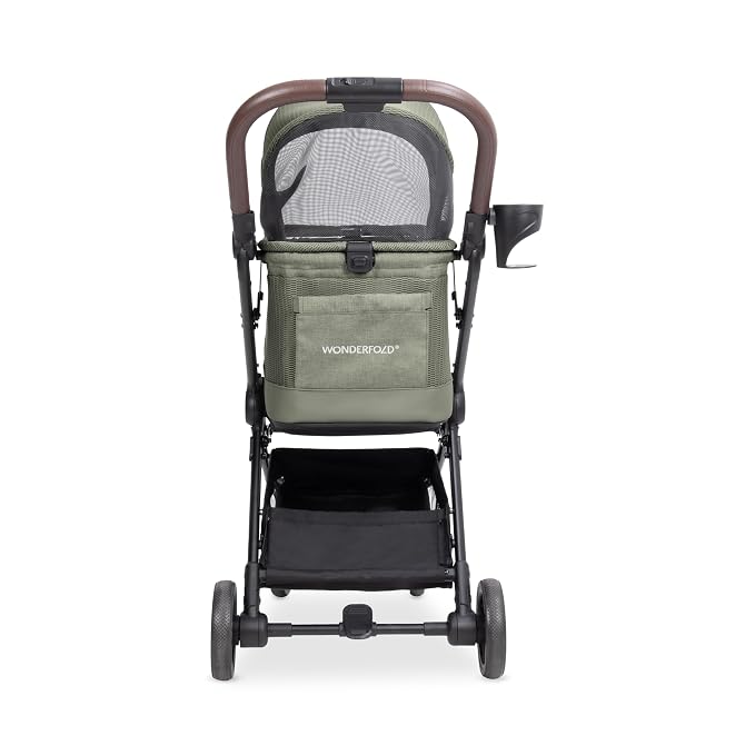 WonderFold Bella Pet Stroller - Autofold Design with Lightweight Aluminum Frame, Breathable Carriage Fabrics and Canopy, Safety Tethers & Easy-Clean Interior - Moss