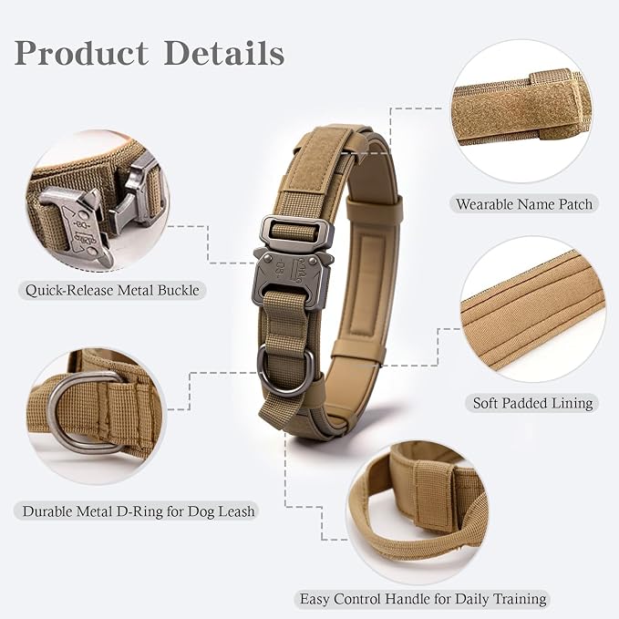 Tactical Dog Collar Adjustable Military Nylon Dog Collar with Control Handle and Heavy Duty Metal Buckle for Medium and Large Dogs (Brown,S)