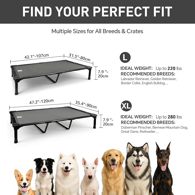 42'' Indestructible Outdoor Elevated Dog Bed for Large Dogs, Chew-Proof Pet Camping Raised Cot with Breathable Mesh - Durable Frame, Cooling Hammock Bed, Non-Slip Feet, Waterproof, Easy Clean