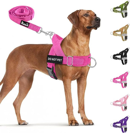 SlowTon No Pull Dog Harness with Front Clip - Heavy Duty, Soft Padded | Neck & Chest Adjustable, Tactical Pet Vest and Leash Set for Large Medium Sized Dogs, for Easy Walk & Training, Fuchsia L