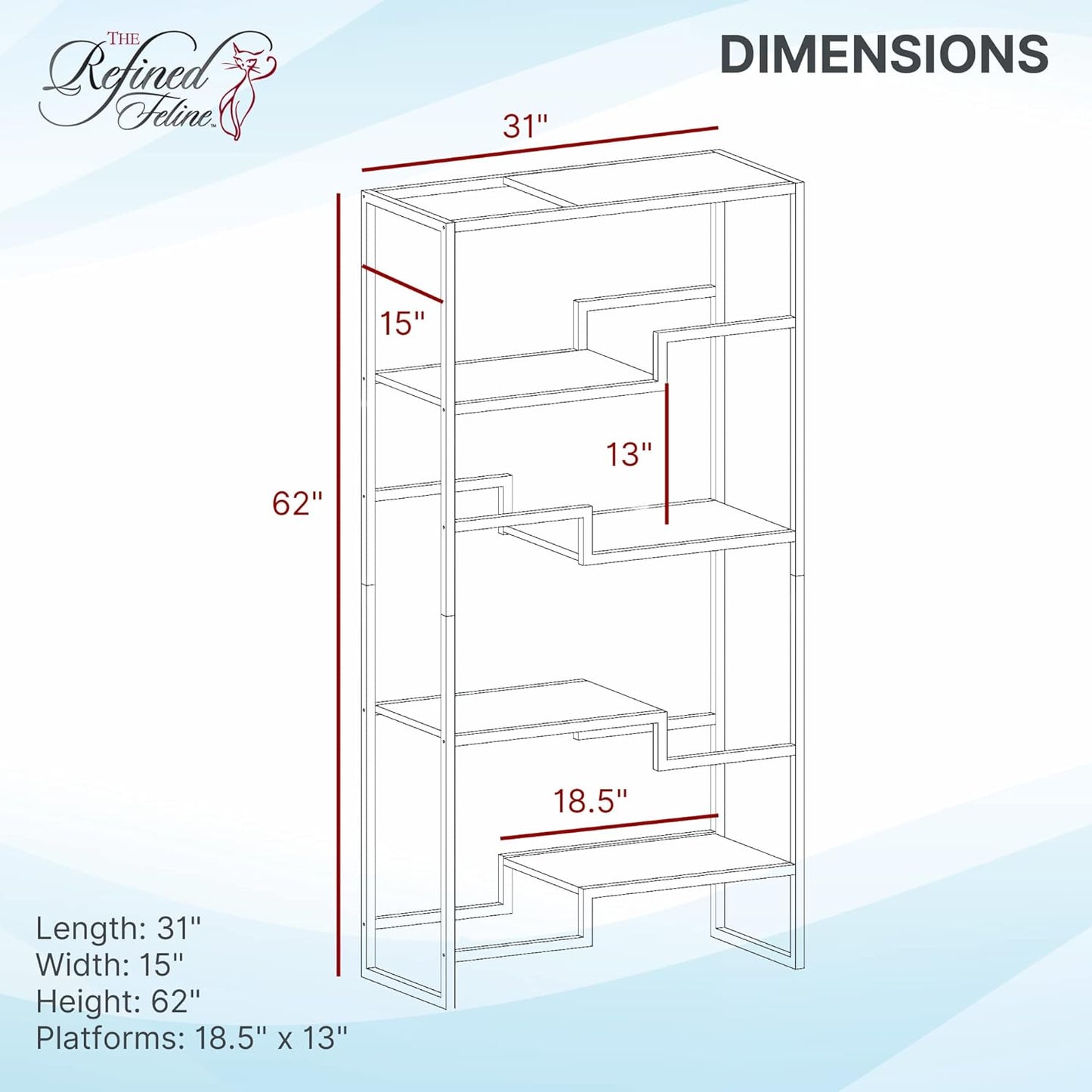 THE REFINED FELINE 62 Inch Tall Metropolitan Cat Condo, Gold Metal Frame Cat Tower, Multi-Level Modern Cat Tree for Indoor Cats, Brown Platforms with Gray Replaceable Cushions & Scratching Post