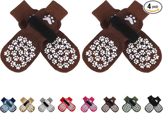 EXPAWLORER Anti Slip Dog Socks to Prevent Licking Paws, Dog Shoes for Hot Pavement, Dog Booties for Small Medium Large Senior Dogs, Traction Control Boots & Paw Protectors for Hardwood Floors Coffee