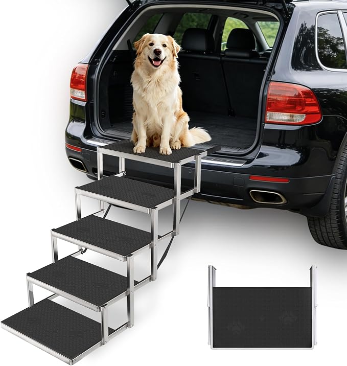 Dog Steps for Car & SUV – 5-Step Foldable Pet Stairs for Large Dogs, Non-Slip Heavy-Duty Plastic Dog Stairs, Lightweight & Portable Vehicle Access, Great Alternative to Dog Ramp for Truck