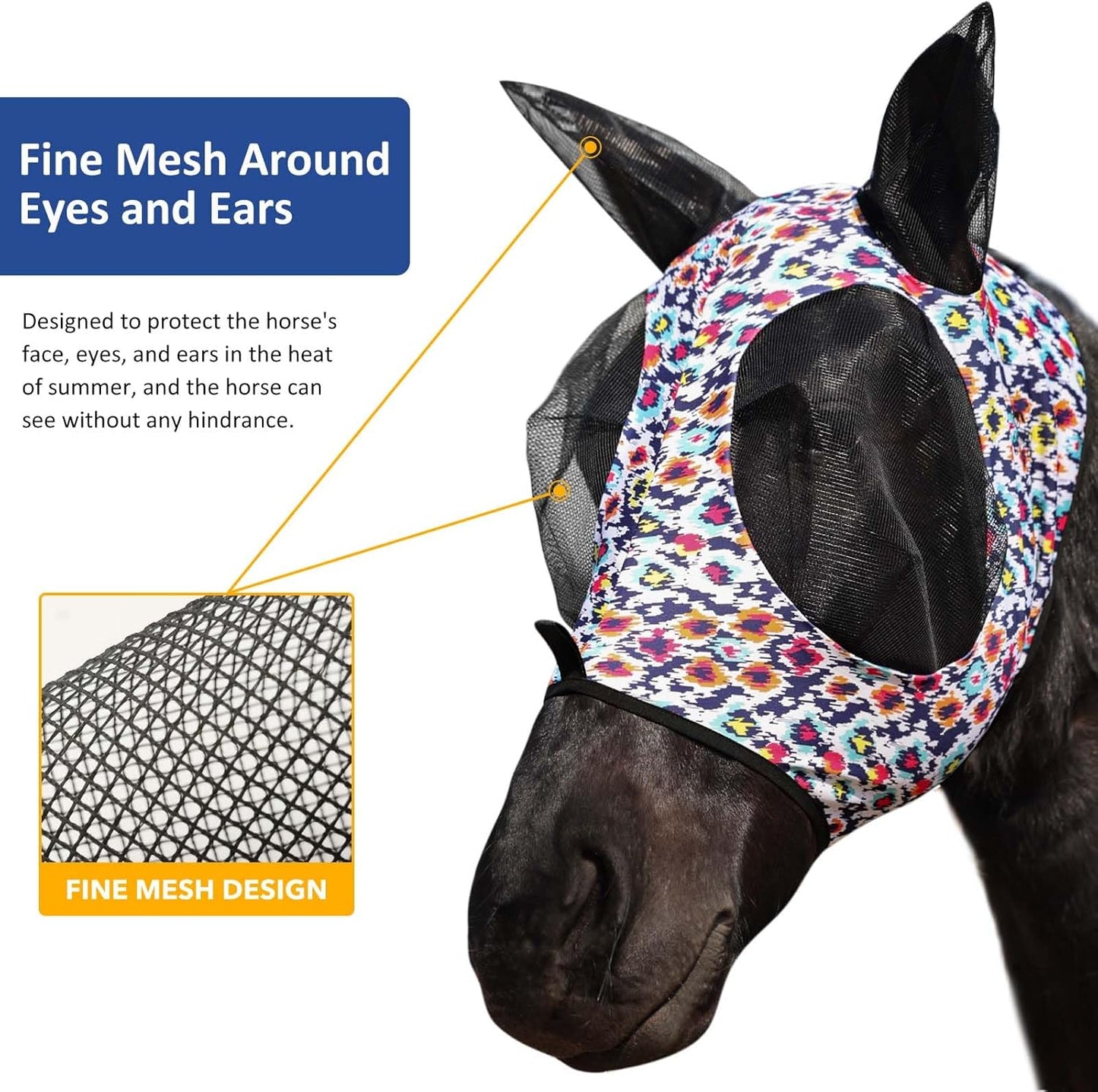 Harrison Howard Super Comfort Stretchy Fly Mask Large Eye Space with UV Protection Soft on Skin with Breathability Geo Feather L