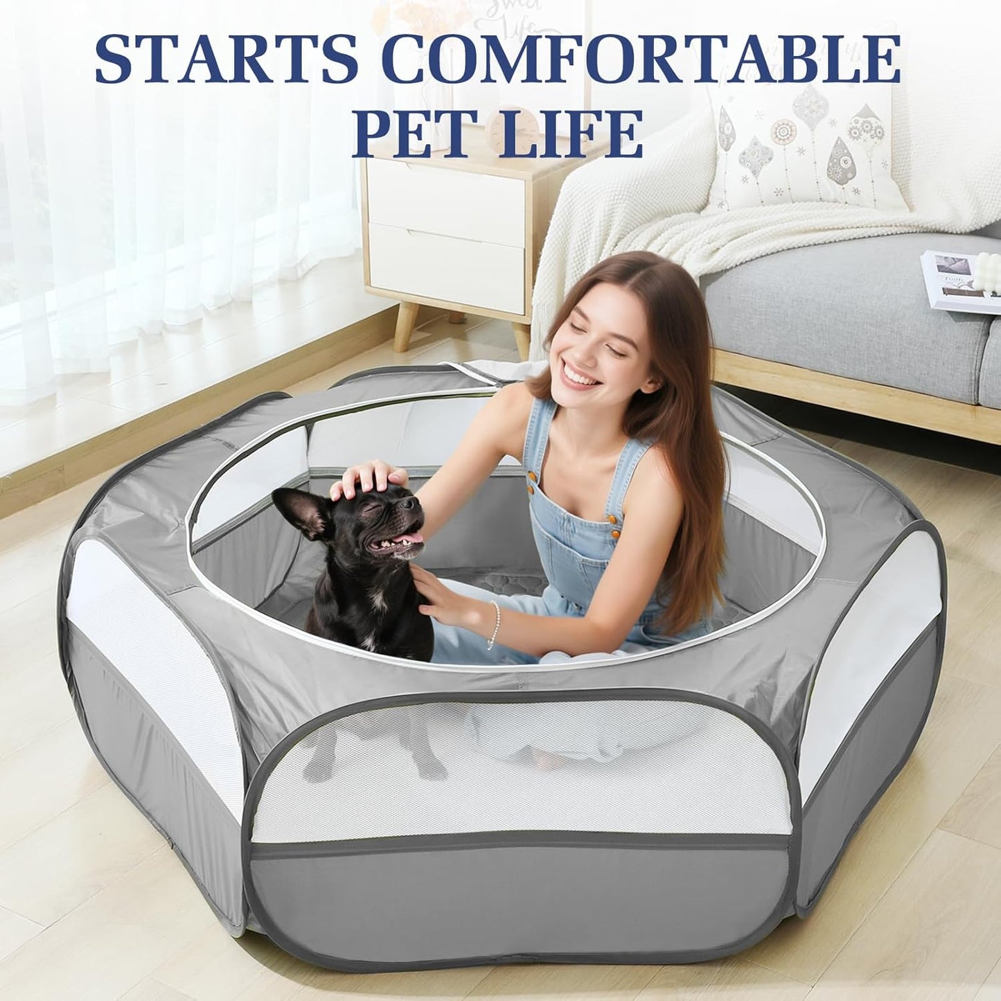 2-in-1 Small Animals Playpen with Pad, Waterproof Small Pet Cage Tent with Reusable Pad, Portable Outdoor Yard Fence with 3 Metal Rod for Chick/Kitten/Puppy/Guinea Pig/Rabbits/Chinchillas, Gray