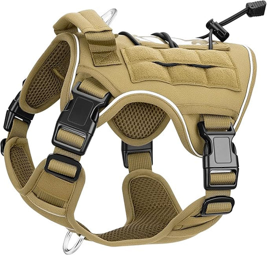 Heavy-Duty Tactical Dog Harness for Large Dogs, No Pull Adjustable Reflective Pet Vest with Molle System, K9 Military-Grade Control for Service Training, Outdoor & 10+ Breeds, Khaki, Small