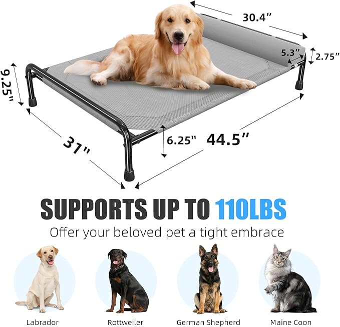 Simple Trending Elevated Dog Bed for Large Dogs, Cooling Raised Pet Cot with Bolster, Breathable Outdoor Couch Bed, 44.5" x 31", Grey | Cooling Raised Pet Cot with Bolster, Dog Couch Cot for Indoor Outdoor, Breathable Mesh, Waterproof, Non-Slip Feet