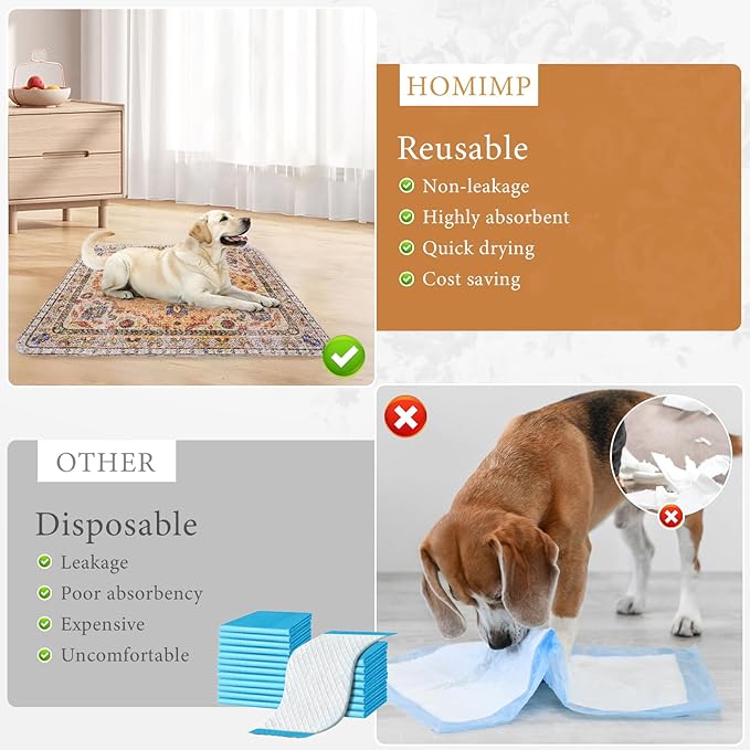 Homimp Washable Pee Pads for Dogs, 2 Pack Reusable Puppy Pads Waterproof, Absorbent and Leakproof Dog Pee Pads, Non Slip Puppy Training Pads, Pet Mat for Floor,Crate,Couch,Whelping,Khaki, 36"x41"