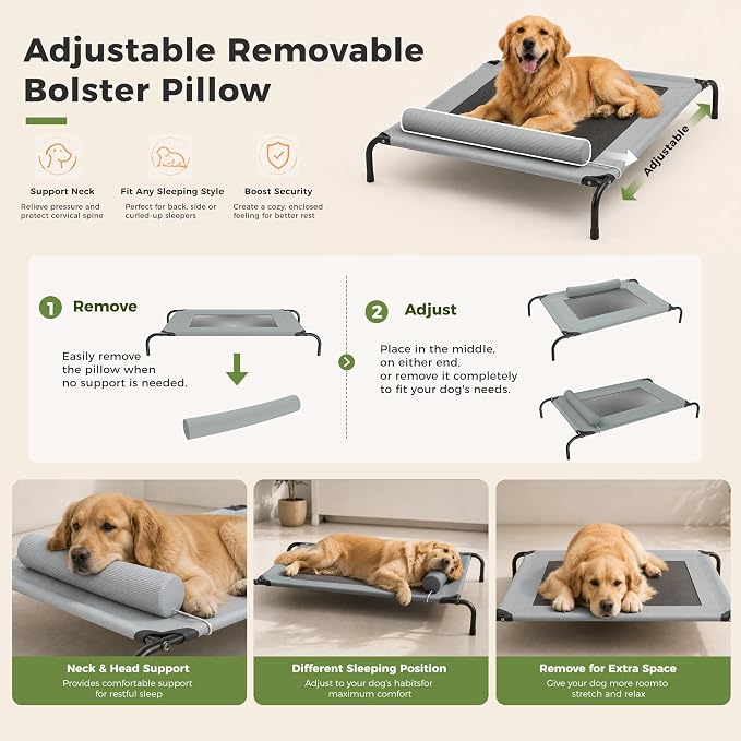 Outdoor Dogs Bed Elevated Dog Bed Large Cooling Raised Pet Cot Grey | Portable Raised Camping Dog Cot , Adjustable Headrest , Breathable Teslin Mesh,Indoor Pet Bed,42"x23.6"x6.3",Washable