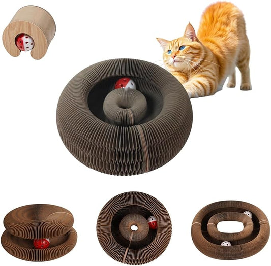 Magic Organ Cat Scratching Board with Bell-Ball, Durable Foldable & Reversible Infinity Style Interactive Kitty Kurlz Cat Scratcher for Indoor Cats Toy, Furniture Protector, Kitten Cats Accordion Toy