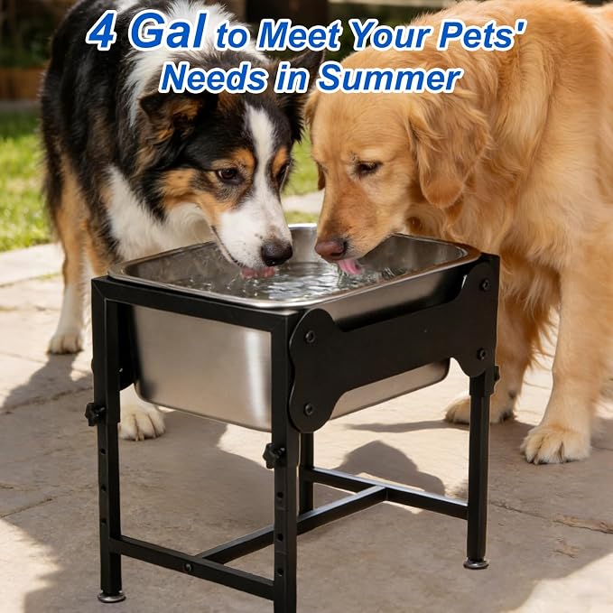 YUEPET Outdoor Elevated Dog Water Bowl, 4 Gallon Raised Bowl for Large Dogs | 4 Heights Adjustable, 4 Gal Extra Large Stainless Steel Bowl, Raised Dog Water Bowl with Stand, Food and Water Use