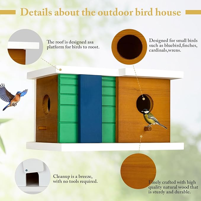CLACKIBUKVYZ Bird House - Wooden Birdhouse with 2 Entrances - Outdoor Hanging Bird Nesting Box for Bluebirds, Finches, Cardinals - Durable Solid Wood Design, Ideal for Garden Decoration
