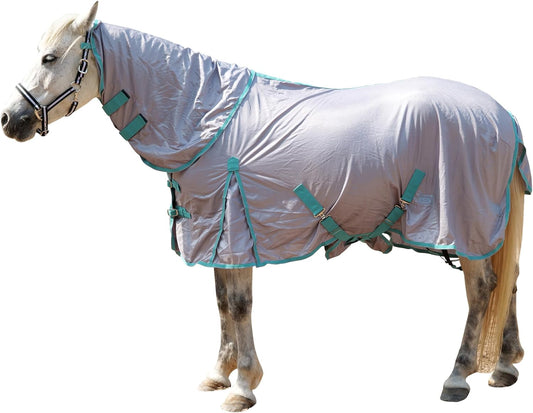 Horse Fly Sheet with Detachable Neck Cover & Belly Wrap, Adjustable Fly Sheet for Horses, Ventilated Airflow Mesh Equine Cooling Summer Flysheet Grey 69