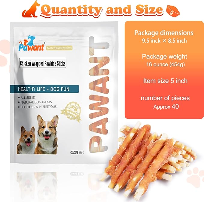 Pawant Puppy Training Snacks Dog Chews Treats Chicken Wrapped White Rawhide Sticks 1lb