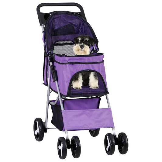 Pet Stroller for Medium Small Dogs - Easy to Walk Folding Travel Carrier Strolling Cart with Cup Holder, Weather Cover and Storage Basket (Purple)