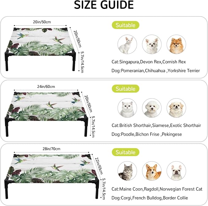 Outdoor Elevated Dog Bed for Medium Dogs, Summer Hummingbirds Breathable Cooling Raised Dog Cot for Indoor/Outdoor, Tropical Palm Leaves Farmhouse Wood Waterproof Elevated Pet Beds, M 24 x 20 in