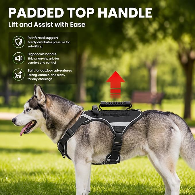 No Pull Tactical Dog Harness with Handles and Loop Panel,Tactical Dog Vest with Molle System, Adjustable Reflective Pet Vest for Walking Hiking Training Black XL