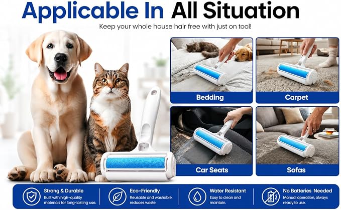 Pet Hair Remover for Dogs & Cats - Reusable Lint Roller & Hair Remover Tool for Couch, Carpet, Furniture, Bedding & Car Seats - Portable & Easy Clean Pet Fur Remover Roller for Home & Travel (Blue)