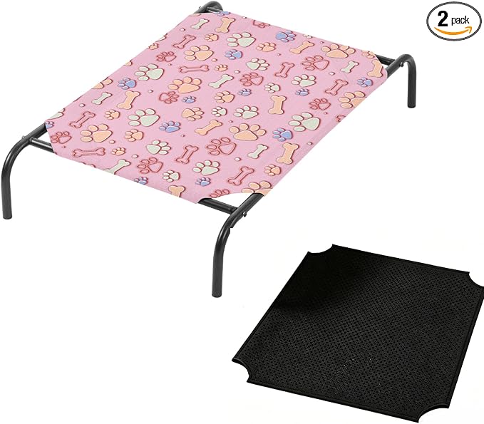 QOOMO Elevated Dog Bed with Cooling Fabric, Pet Cot for Small and Big Dogs, Indoor and Outdoor Use, Joint Relief, Cute Printed Cushion Included (Pink Paw Prints, 35.43" L*25.59" W*8.27" Th)
