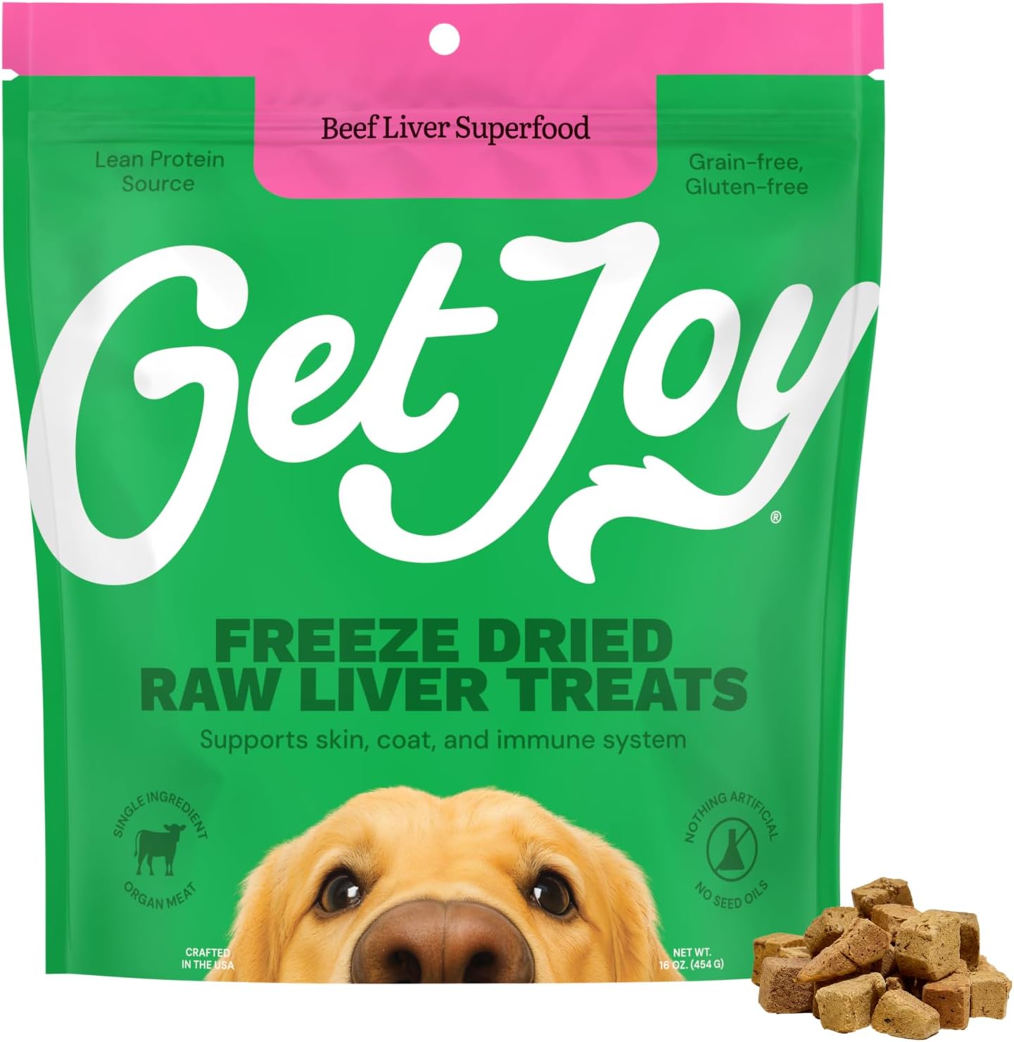 Get Joy Freeze Dried 100% Beef Liver Dog Treats, 16oz | Single Ingredient Organ Meat, High Protein Raw Dog Food Topper, Snack & Training Rewards | Grain Free, Gluten Free, Filler Free