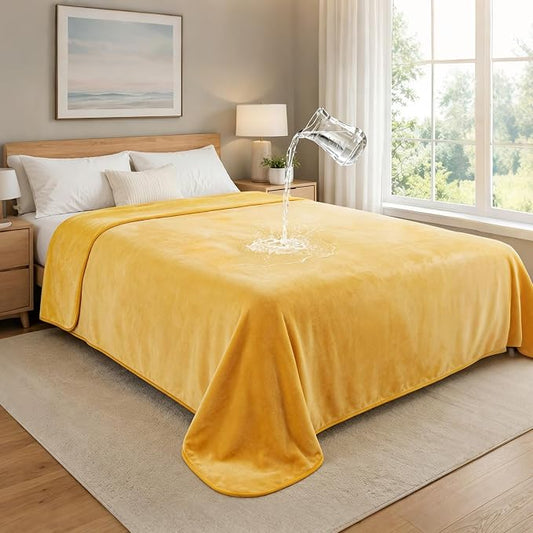 LOOBANI Waterproof Blanket for Bed, Flannel Twin Size 60"x80", Yellow | Double-Side Leak-Proof, Reversible, Stain-Proof Cover for Sofa Bed Protection, Ideal for Rest Movie Time, Camping, Travel
