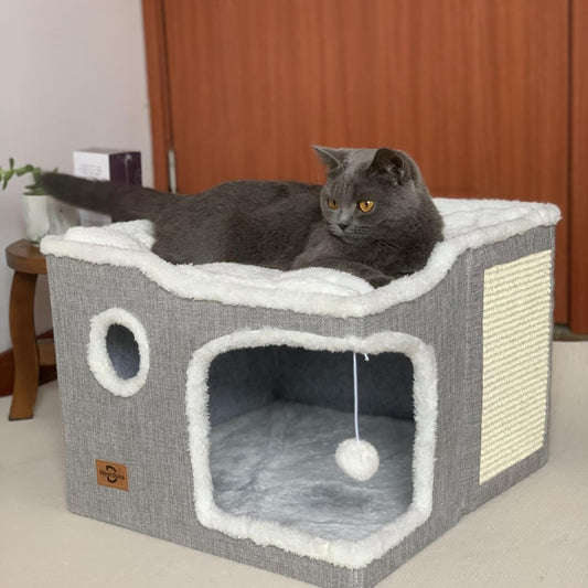 Cat Bed for Indoor Cats,Covered Cat Cave House & Furniture with Scratch Pad,Foldable Cat Hideaway Hut Cute Cat Condo with Soft Washable Mat for Multi Small Pet Under 30 lbs,Light Grey