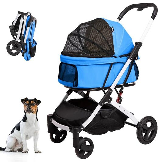 Pet Stroller for Medium Small Dog & Cat, Foldable Lightweight Dog Stroller with Storage Basket Pet Travel Carriage with Safety Leashes, 4 Wheel, Blue