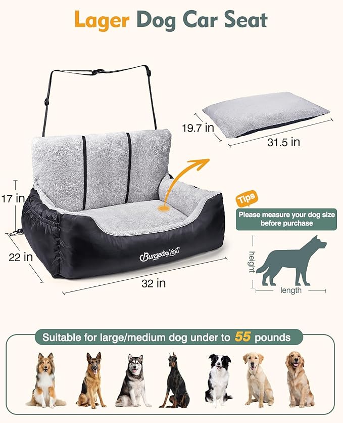 BurgeonNest Dog Car Seat for Medium/Large Dogs Under 55 lbs, Soft Pet Car Travel Home Bed, Fully Detachable and Washable Booster Carseats with Storage Pockets and Clip-On Leash Portable Carrier,Black