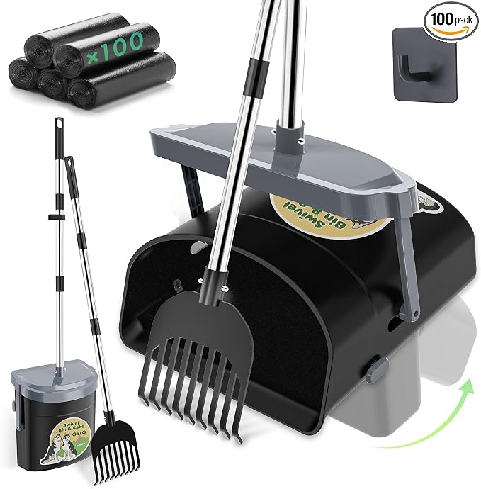 UPSKY Dog Pooper Scooper Swivel Bin & Rake Kit with 100 Waste Bags,33.4" Stainless Steel Long Handle Heavy Duty Pet Poop Shovel for Large Medium Small Dogs, Odor-Proof Lid for Yard/Lawn/Outdoor Use