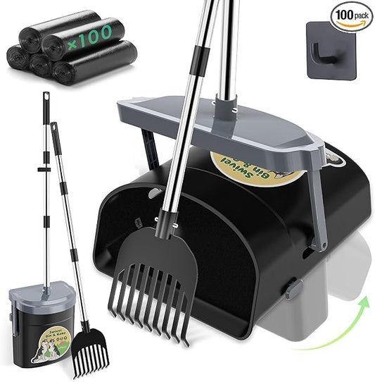 UPSKY Dog Pooper Scooper Swivel Bin & Rake Kit with 100 Waste Bags,33.4" Stainless Steel Long Handle Heavy Duty Pet Poop Shovel for Large Medium Small Dogs, Odor-Proof Lid for Yard/Lawn/Outdoor Use
