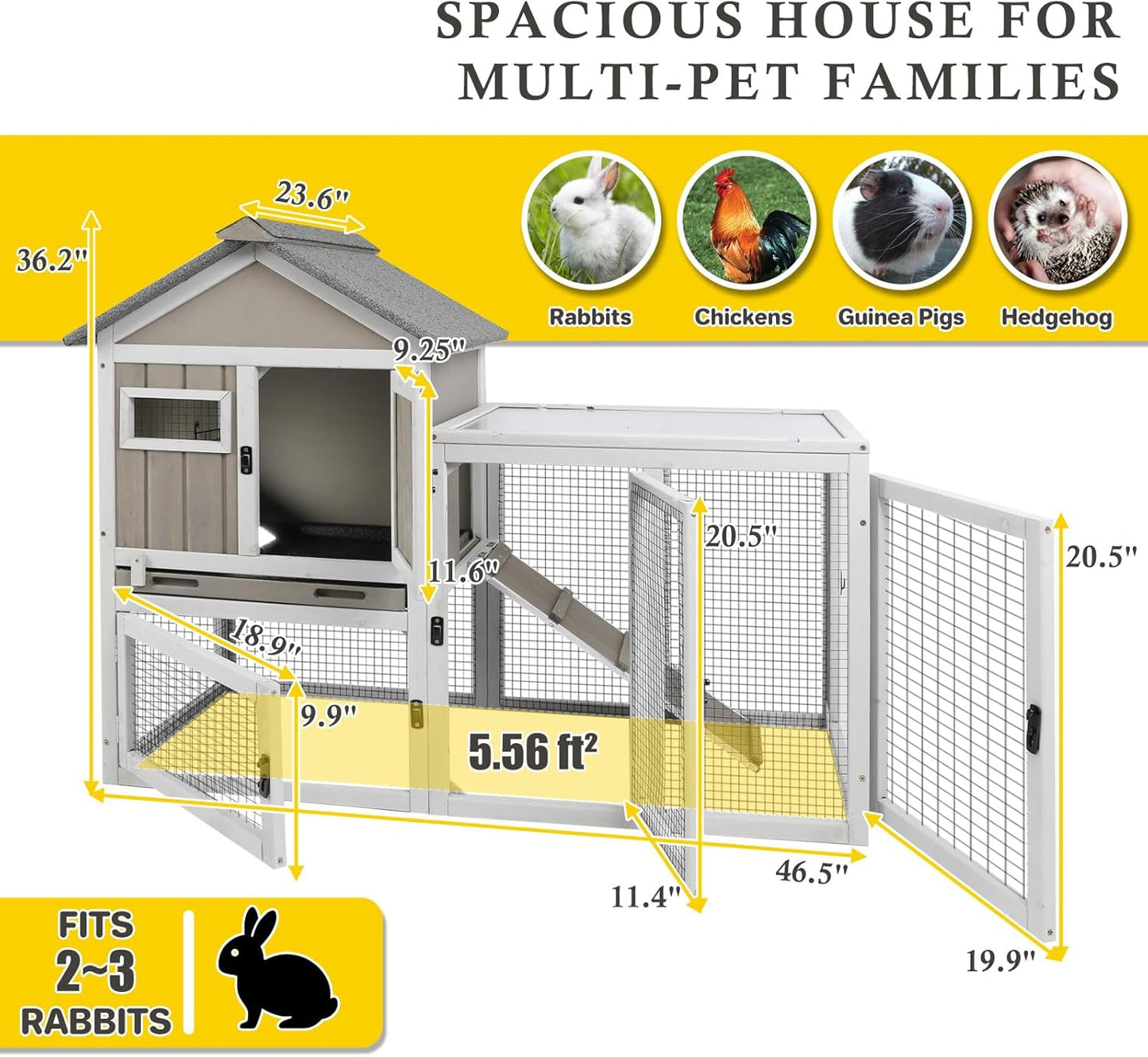 94''L Rabbit Hutch Outdoor Chicken Coop with Run, Wooden Indoor 2 Story Bunny House with Waterproof Roof, Pull Out Tray, Guinea Pig Rabbit Duck Cage for Small to Medium Animals and Pet Lover, Gray