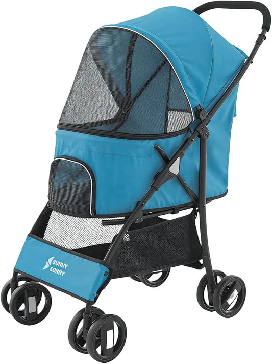 4 Wheels Pet Stroller,Easy-Foldable Dog Cat Cage Jogger Stroller with Weather Cover for All-Season,Storage Basket and Visible Mesh for Small/Medium Pets up to 33lbs (Blue)