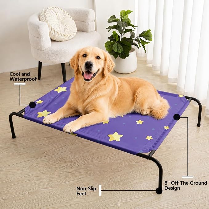Deep Blue Gold Star Orthopedic Elevated Dog Pet Bed(35"X25"X8"),with Metal Frame,Printing Breathable Waterproof Dog Kennel,Sleeping Bed Set for Small Medium Large Dogs Cats,for Home,Outdoor Use