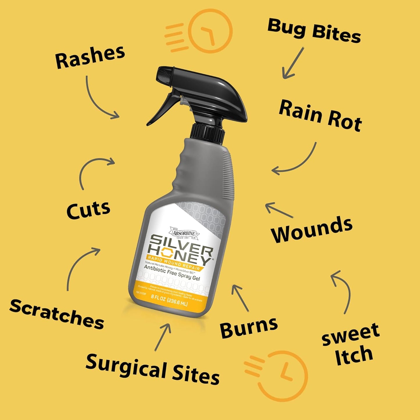 Absorbine Silver Honey Rapid Wound Repair Spray Gel 8oz Bottle, Manuka Honey & MicroSilver BG