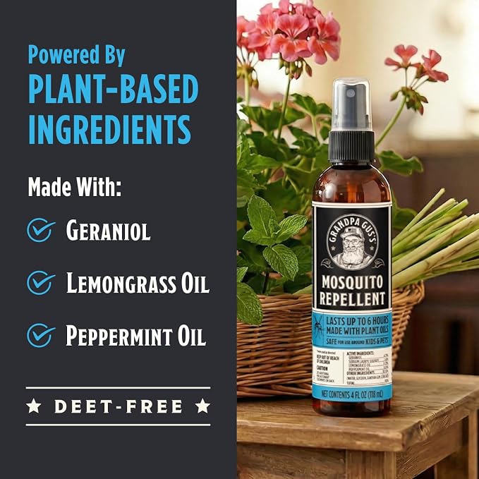 Grandpa Gus's Natural Mosquito Repellent Spray - DEET-Free Plant-Based Insect Repellent for Kids and Family, Up to 6 Hours, Travel-Friendly Bug Spray, 4 oz