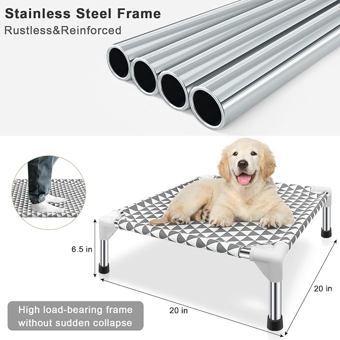 Kuntrust Elevated Outdoor Dog Bed for Small Pets，Fits up to 50lbs | Breathable Fabric, Dual-Layer Cotton, Stainless Steel Frame, Anti-Slip Feet