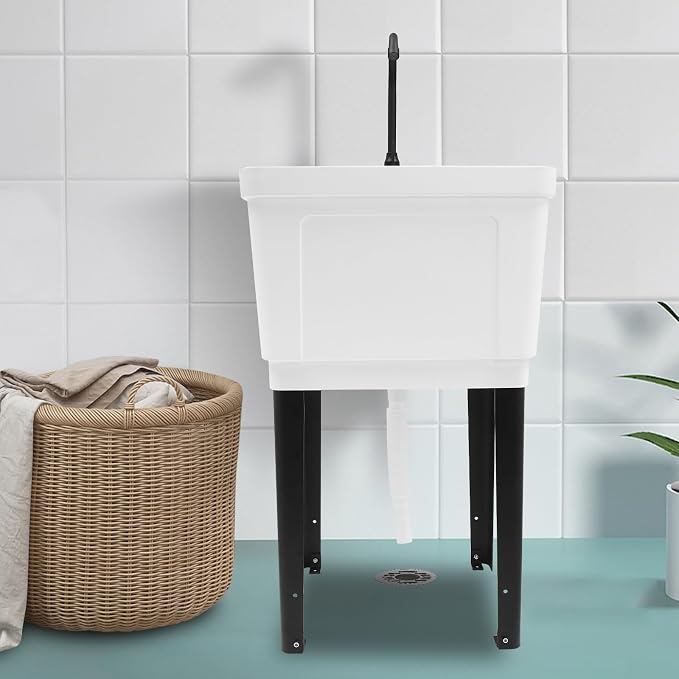 Tall Freestanding Plastic Utility Sink with Rotatable Faucet White | Equipped with Hose Hook Up, Built-In Soap Box and Soap Dispenser, Four Iron Support Feet, Suitable for Laundry and Pet Bath