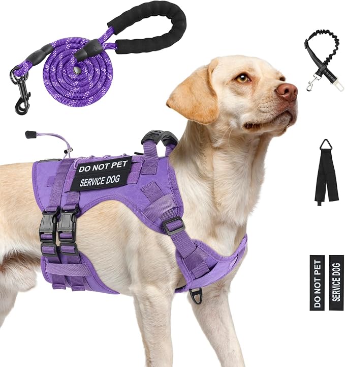 No Pull Tactical Dog Harness for Large Dogs, Service Dog Vest, L, Purple | Tactical Dog Vest Harness and Leash Set, Adjustable Military Service Dog Harness with Handle for Medium Large Dogs