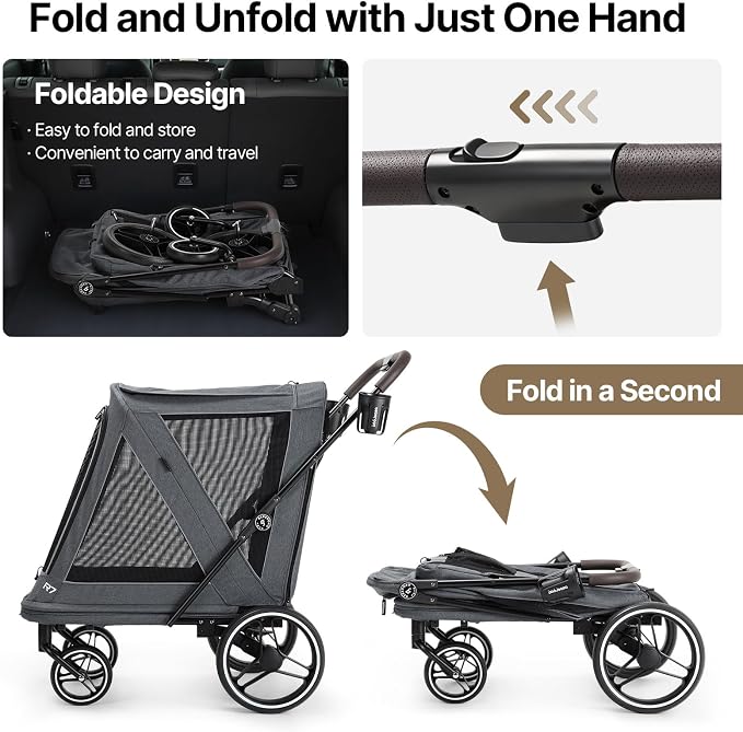 Beberoad Dog Stroller for Large Dogs, 2-in-1 Pet Stroller & Dog Bike Trailer, R7 All-Terrain ER Tires with Shock Absorption, One-Hand Fold, 360° Mesh Ventilation, Waterproof Removable Fabric