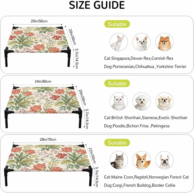 Outdoor Elevated Dog Bed for Medium Dogs, Botanical Tulip Breathable Cooling Raised Dog Cot for Indoor/Outdoor, Farmhouse Vines Floral Summer Plants Waterproof Elevated Pet Beds, M 24 x 20 in