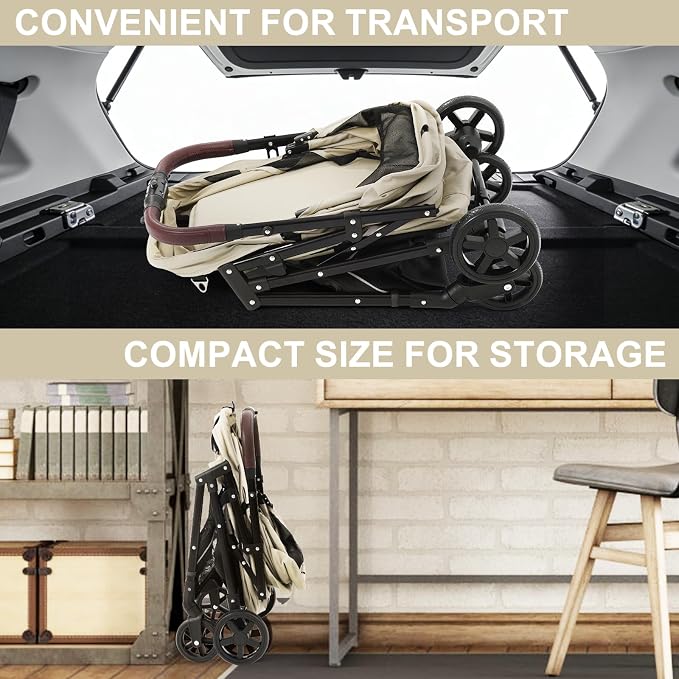 No-Zip Pet Stroller for Small Dogs & Cats, 44 lb, White | No-Zip Canopy, 44 lb Capacity, Reflective Trim, 2 Tethers, Lockable Front Wheels, Rear Brake and One-Hand Fold