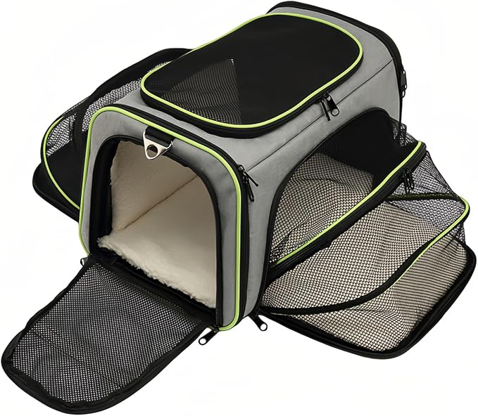 Expandable Cat Carrier Pet Carrier with 2 Extensions,Airline Approved Soft-Sided Portable Dog Travel Washable Carrier for Kittens,Puppies,Removable Soft Plush Mat (Grey Green, Small)