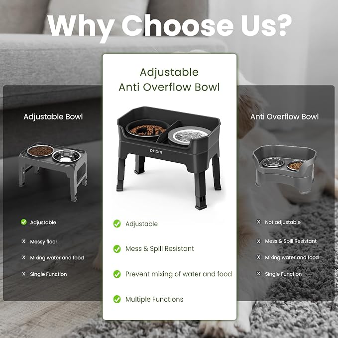 4-in-1 Elevated Slow Feeder Dog Bowls, 4 Height Adjustable Mess Proof Raised Dog Bowl Stand with No Spill Dog Water Bowl, Stainless Steel Dog Food Bowl & Slow Feeder for Large Medium Small Dogs Pets