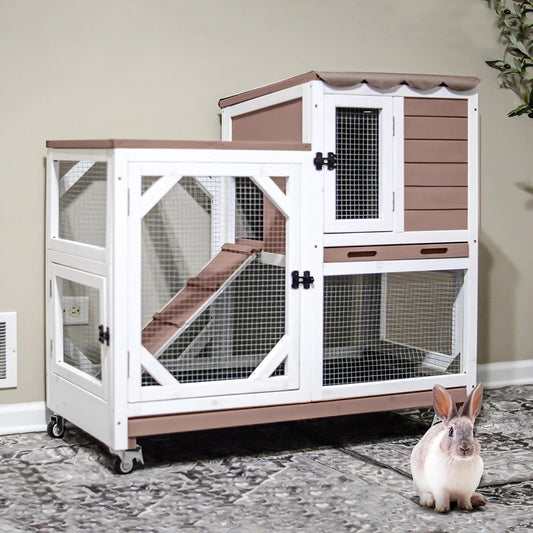 Gutinneen 2-Story Rabbit Hutch with Chew-Proof Ramp & Leak-Proof Trays - Indoor/Outdoor 39.3" Wooden Rabbit Cage with Wheels for Rabbits, Guinea Pigs
